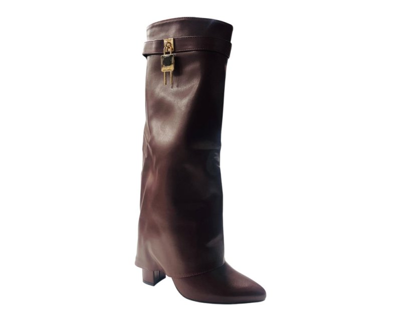 Faux Leather Kneel High Fold Over Block Heel Boots - Boots - British D'sire