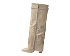 Faux Leather Kneel High Fold Over Block Heel Boots - Boots - British D'sire