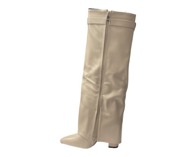 Faux Leather Kneel High Fold Over Block Heel Boots - Boots - British D'sire