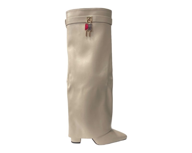 Faux Leather Kneel High Fold Over Block Heel Boots - Boots - British D'sire