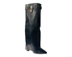 Faux Leather Kneel High Fold Over Block Heel Boots - Boots - British D'sire
