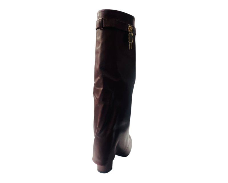 Faux Leather Kneel High Fold Over Block Heel Boots - Boots - British D'sire