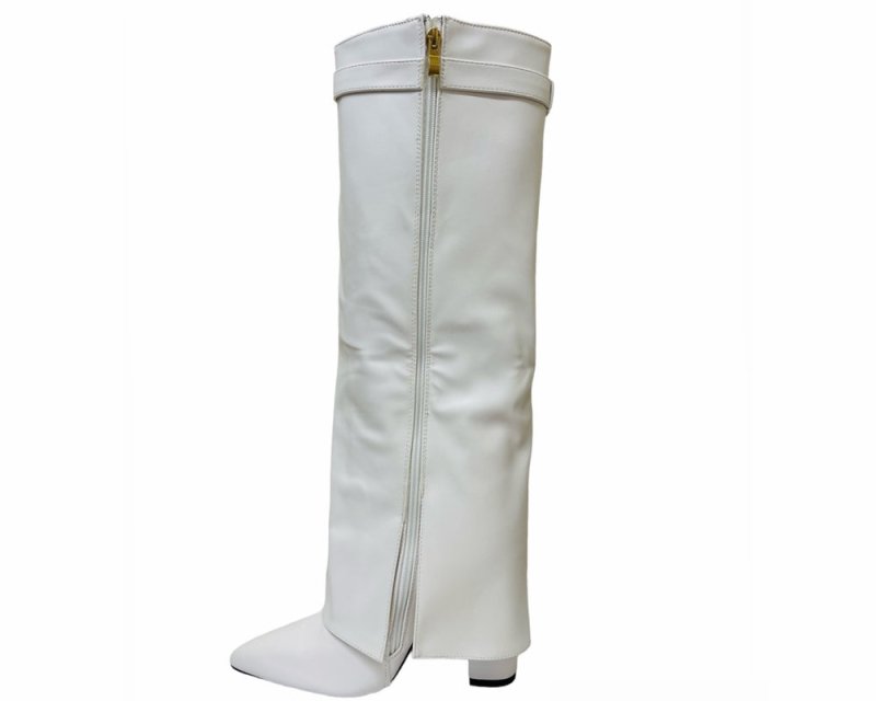 Faux Leather Kneel High Fold Over Block Heel Boots - Boots - British D'sire