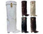 Faux Leather Kneel High Fold Over Block Heel Boots - Boots - British D'sire