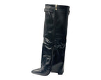 Faux Leather Kneel High Fold Over Block Heel Boots - Boots - British D'sire