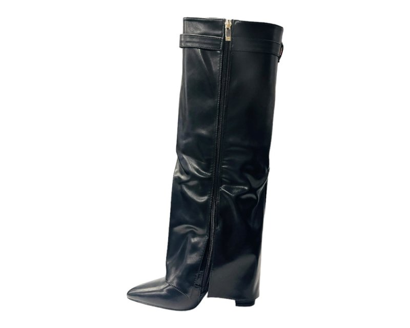 Faux Leather Kneel High Fold Over Block Heel Boots - Boots - British D'sire