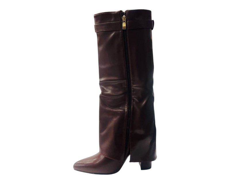Faux Leather Kneel High Fold Over Block Heel Boots - Boots - British D'sire