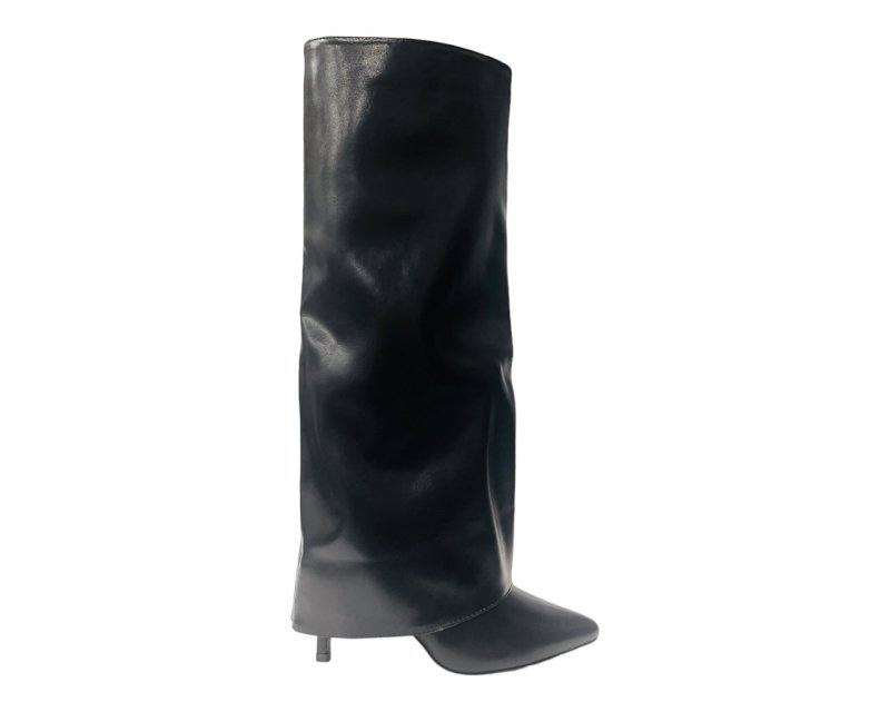 Faux Leather Kneel High Fold Over Stiletto Heel Boots - Boots - British D'sire