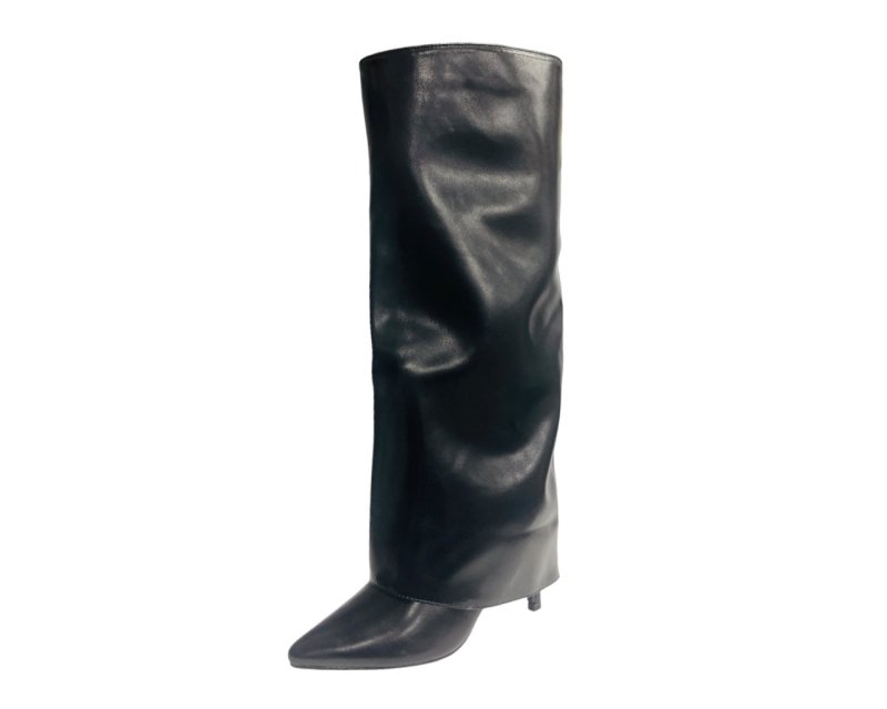 Faux Leather Kneel High Fold Over Stiletto Heel Boots - Boots - British D'sire