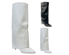 Faux Leather Kneel High Fold Over Stiletto Heel Boots - Boots - British D'sire