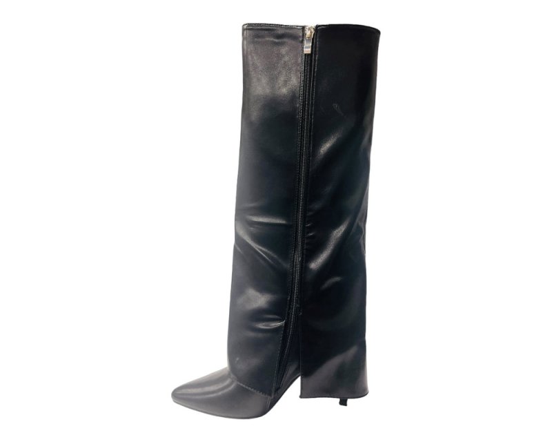 Faux Leather Kneel High Fold Over Stiletto Heel Boots - Boots - British D'sire
