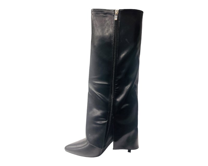 Faux Leather Kneel High Fold Over Stiletto Heel Boots - Boots - British D'sire