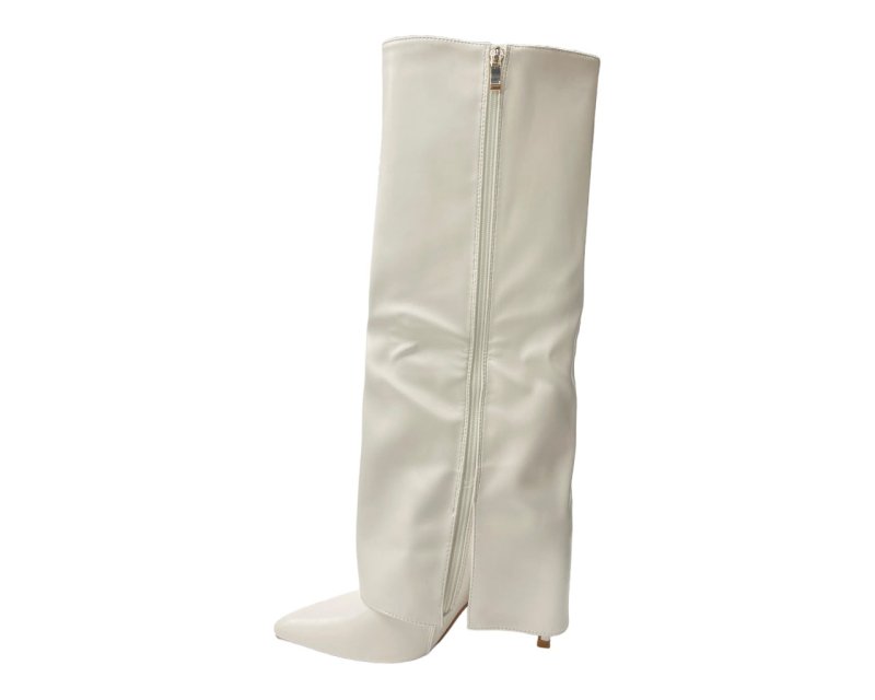 Faux Leather Kneel High Fold Over Stiletto Heel Boots - Boots - British D'sire