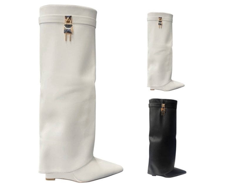 Faux Leather Padlock Knee High Fold Over Wedge Heel Boots - Boots - British D'sire