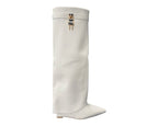 Faux Leather Padlock Knee High Fold Over Wedge Heel Boots - Boots - British D'sire
