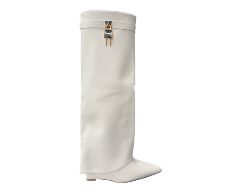 Faux Leather Padlock Knee High Fold Over Wedge Heel Boots - Boots - British D'sire