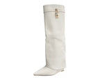 Faux Leather Padlock Knee High Fold Over Wedge Heel Boots - Boots - British D'sire
