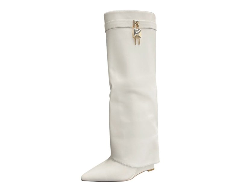 Faux Leather Padlock Knee High Fold Over Wedge Heel Boots - Boots - British D'sire