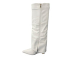 Faux Leather Padlock Knee High Fold Over Wedge Heel Boots - Boots - British D'sire