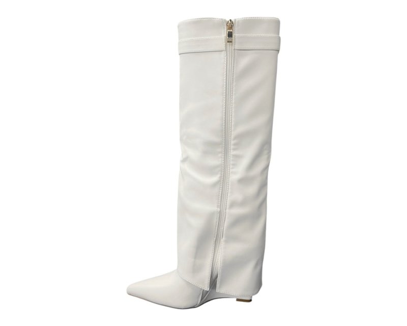 Faux Leather Padlock Knee High Fold Over Wedge Heel Boots - Boots - British D'sire