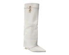Faux Leather Padlock Knee High Fold Over Wedge Heel Boots - Boots - British D'sire