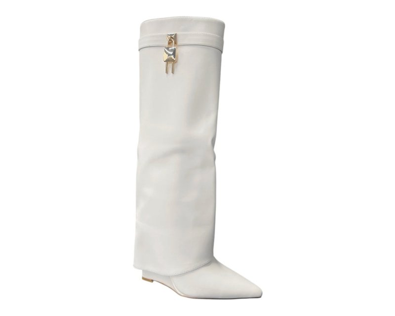 Faux Leather Padlock Knee High Fold Over Wedge Heel Boots - Boots - British D'sire