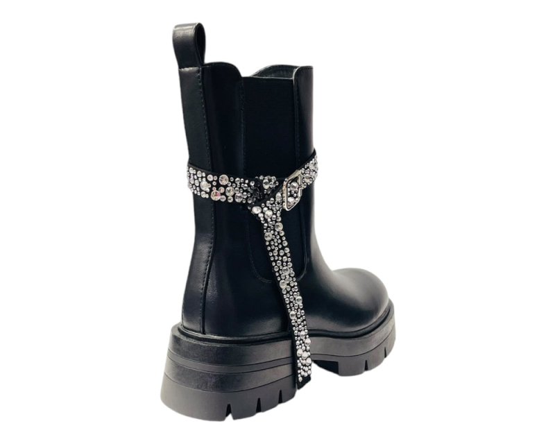 Faux Leather Rhinestone Chelsea Ankle Boots - Boots - British D'sire
