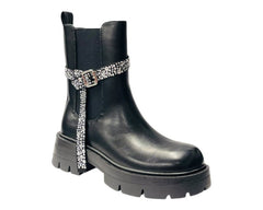 Faux Leather Rhinestone Chelsea Ankle Boots - Boots - British D'sire