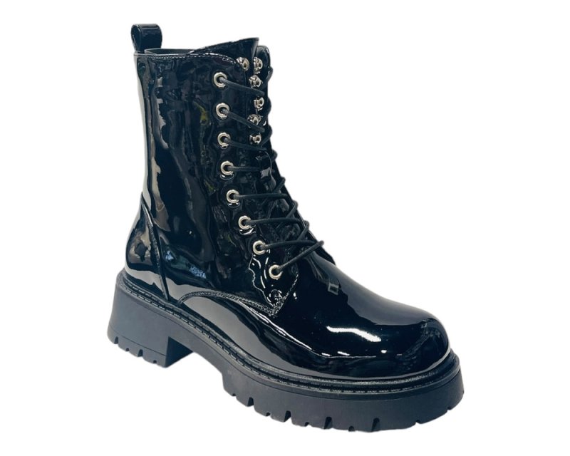 Faux Patent Chunky Sole Ankle Boots - Boots - British D'sire