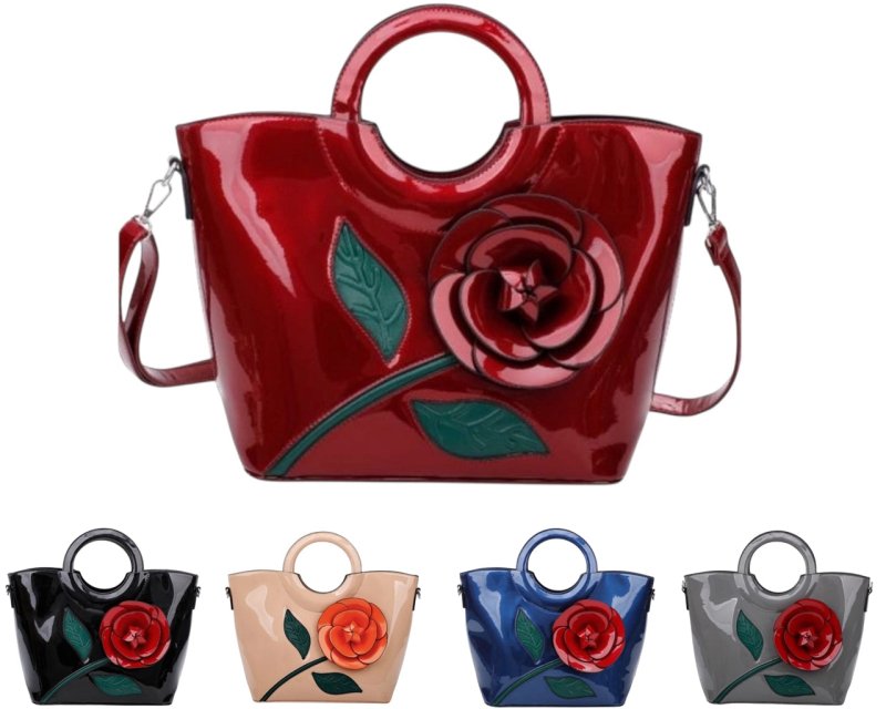 Faux Patent Floral Embellished Top Handles Large Shoulder Bag - Bags - British D'sire Main image