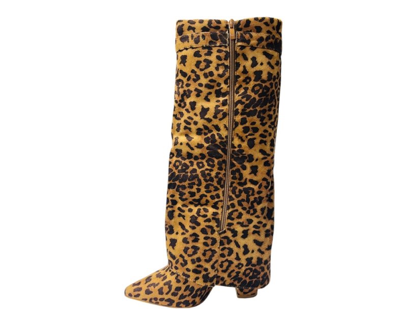 Faux Suede Calf High Fold Over Block Heel Boots - Boots - British D'sire