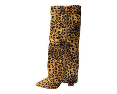 Faux Suede Calf High Fold Over Block Heel Boots - Boots - British D'sire