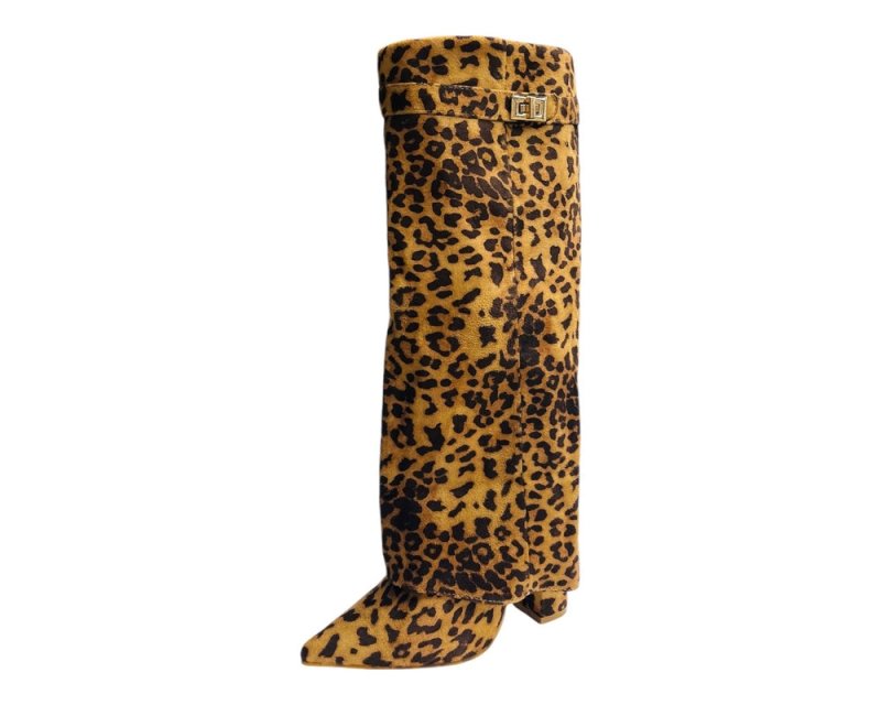 Faux Suede Calf High Fold Over Block Heel Boots - Boots - British D'sire