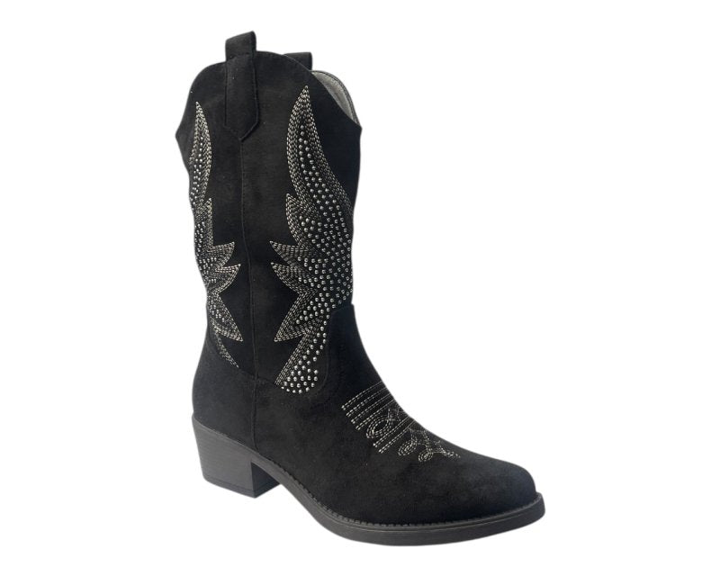 Faux Suede Embroidered Cowboy Ankle Boots - Boots - British D'sire