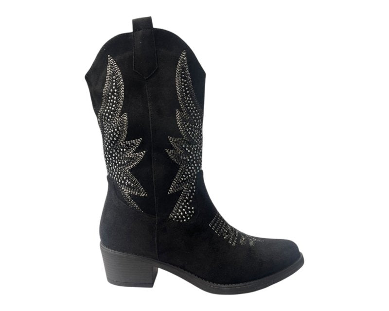 Faux Suede Embroidered Cowboy Ankle Boots - Boots - British D'sire