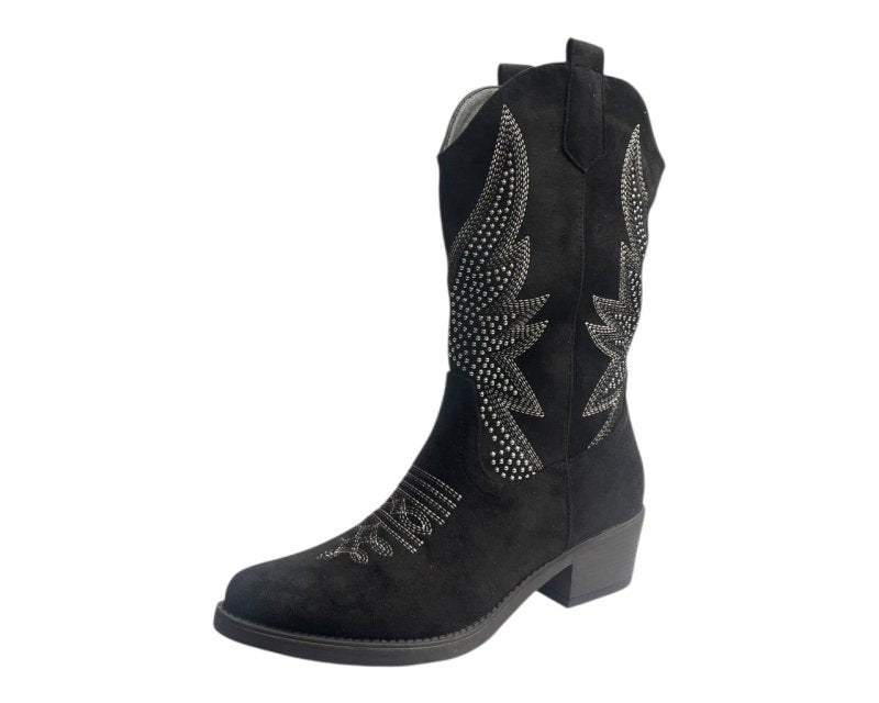 Faux Suede Embroidered Cowboy Ankle Boots - Boots - British D'sire