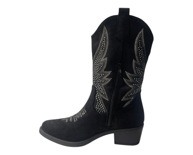 Faux Suede Embroidered Cowboy Ankle Boots - Boots - British D'sire