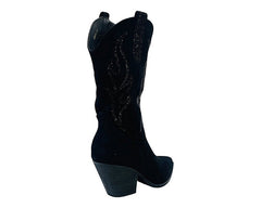 Faux Suede Western Cowboy Diamante Mid Calf Boots - Boots - British D'sire