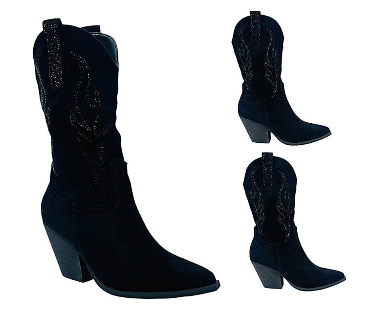 Faux Suede Western Cowboy Diamante Mid Calf Boots - Boots - British D'sire