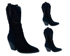 Faux Suede Western Cowboy Diamante Mid Calf Boots - Boots - British D'sire