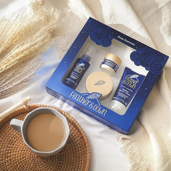 Feather & Down Sweet Dream Sleep Essentials Gift Set (50ml Pillow Spray, 50ml Melting Shower Cream, 16g All-Purpose Sleep Balm & 50ml Sleep Butter) - Cruelty Free & Vegan Friendly. - British D'sire Main image