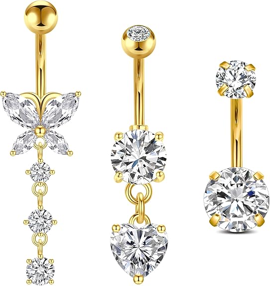 FECTAS 3pcs Belly Button Bars Silver Gold Belly Bar Surgical Steel 14G Navel Bars Belly Button Piercing Jewellery Butterfly Dangle - Body Jewellery - British D'sire Main image