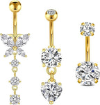 FECTAS 3pcs Belly Button Bars Silver Gold Belly Bar Surgical Steel 14G Navel Bars Belly Button Piercing Jewellery Butterfly Dangle - Body Jewellery - British D'sire