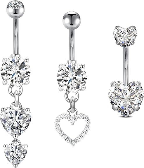 FECTAS 3pcs Belly Button Bars Silver Gold Belly Bar Surgical Steel 14G Navel Bars Belly Button Piercing Jewellery Heart Dangle - Body Jewellery - British D'sire Main image