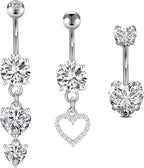 FECTAS 3pcs Belly Button Bars Silver Gold Belly Bar Surgical Steel 14G Navel Bars Belly Button Piercing Jewellery Heart Dangle - Body Jewellery - British D'sire
