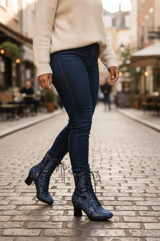 Fergie - Navy Floral victorian lace up - Ankle boot - British D'sire