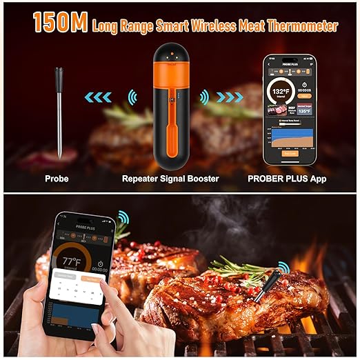 fezori Wireless Meat Thermometer, Barbecue Thermometer, 150m Range