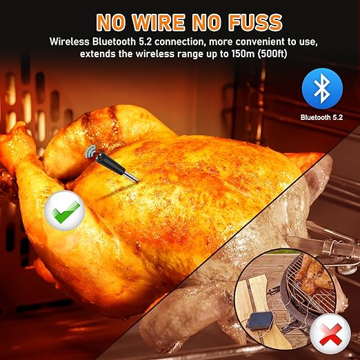 fezori Wireless Meat Thermometer, Barbecue Thermometer, 150m Range