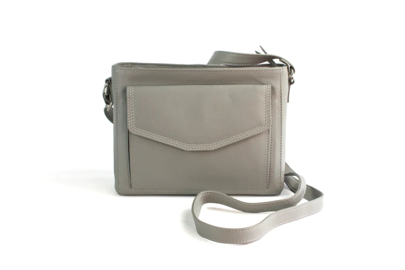 Finest Soft Leather Cross Body Handbag with Front and Rear Pocket Detailing - Pale Grey - British D'sire Main image