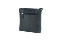 Finest Soft Leather Crossbody Bag with Victorian cut design detailing panel - Navy/Navy - British D'sire